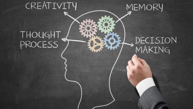 Chalkboard drawing of a brain with gears representing creativity, memory, thought process, and decision-making, illustrating the complexities of 'high functioning' autism.