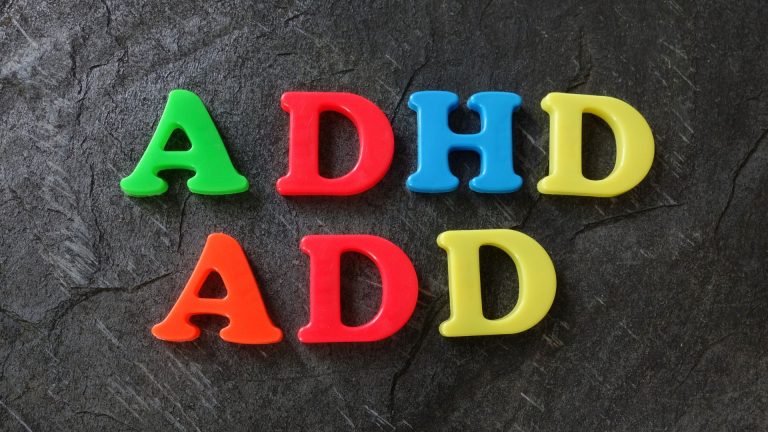 Colorful magnetic letters spelling ADHD and ADD on a textured background.