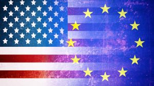 A blended image of the U.S. and European Union flags representing a comparison of autism rates between the two regions.