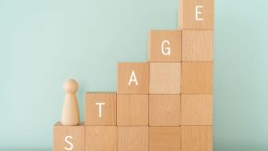 Wooden blocks spelling the word stage with a small figure climbing upward, representing the 5 Stages of ADHD and personal growth.